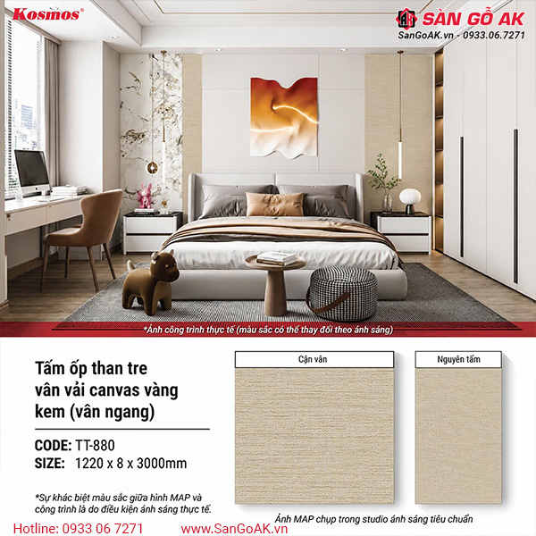 Tấm ốp than tre Kosmos vân vải canvas vàng kem vân ngang TT-880